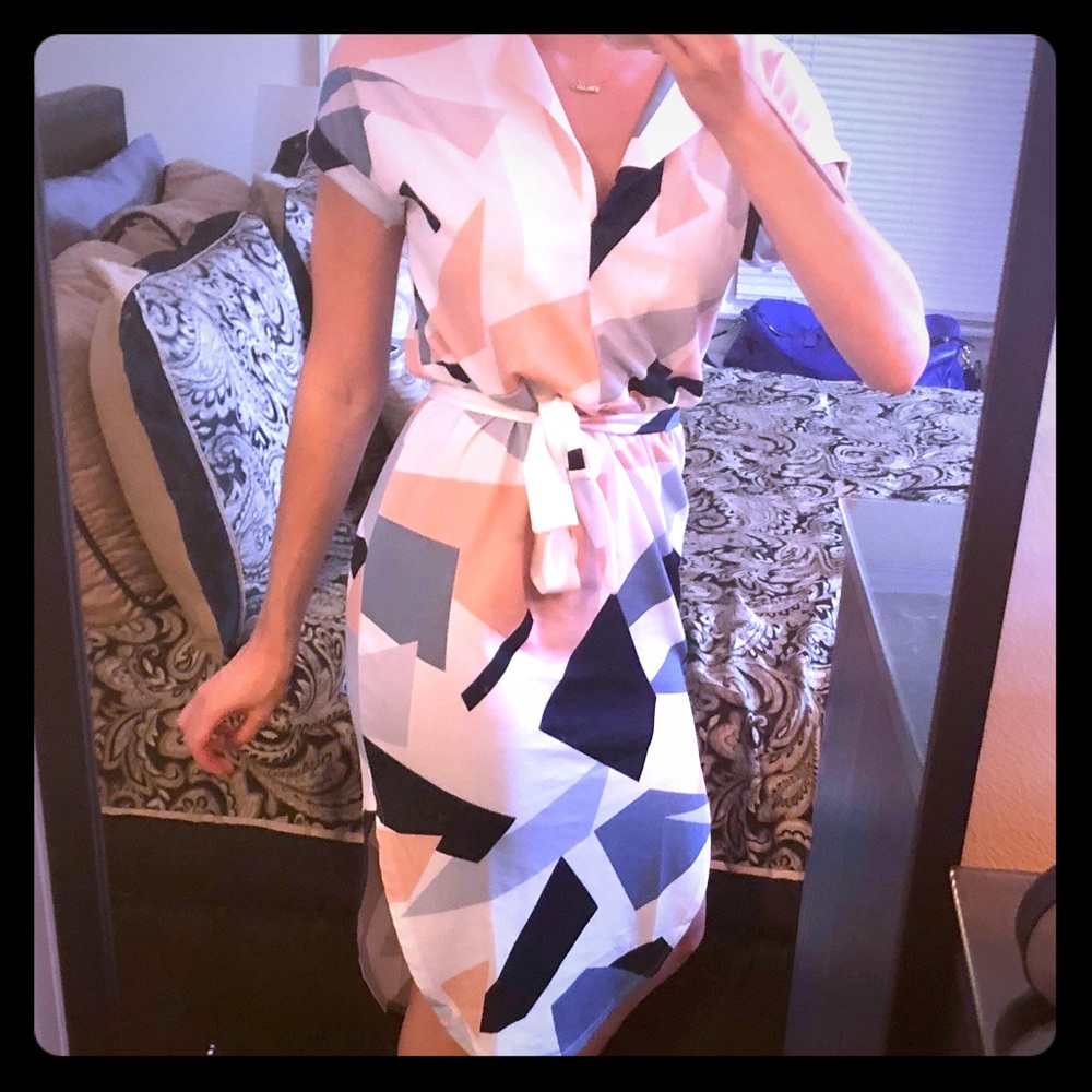 NWT Geometric colorful belted ecowish dress